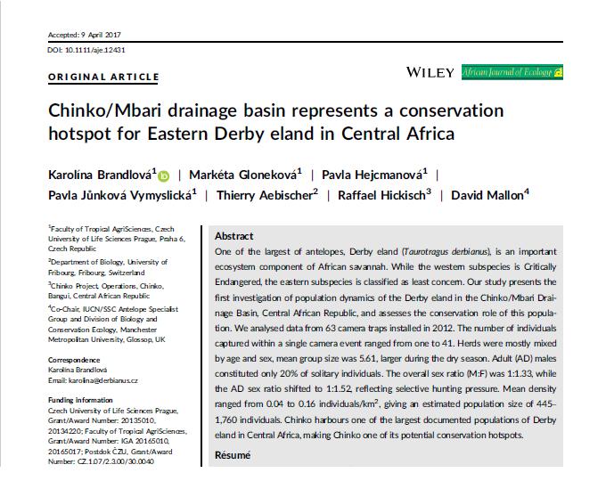 Výsledky z fotopastí instalovaných od roku 2012 v oblasti Chinko ve Středoafrické republice byly publikované ve vědeckém článku Chinko/Mbari drainage basin represents a conservation hotspot for