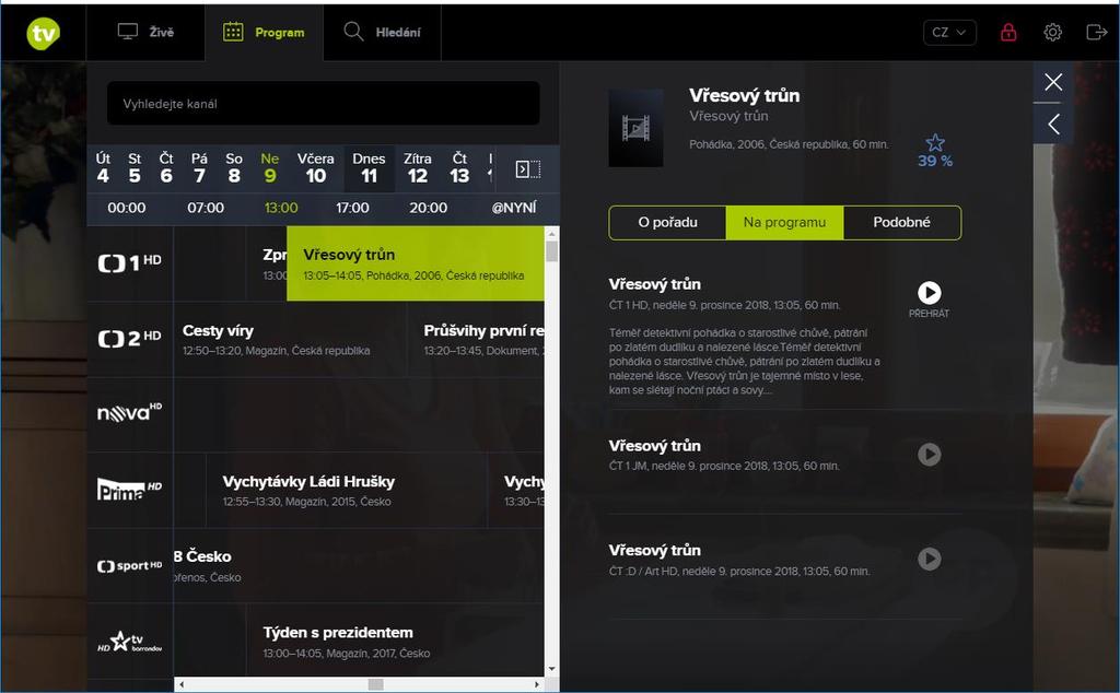 3. V detailu pořadu máte možnost prostřednictvím odkazu Na programu zobrazit informaci o tom, kdy je daný pořad vysílán.
