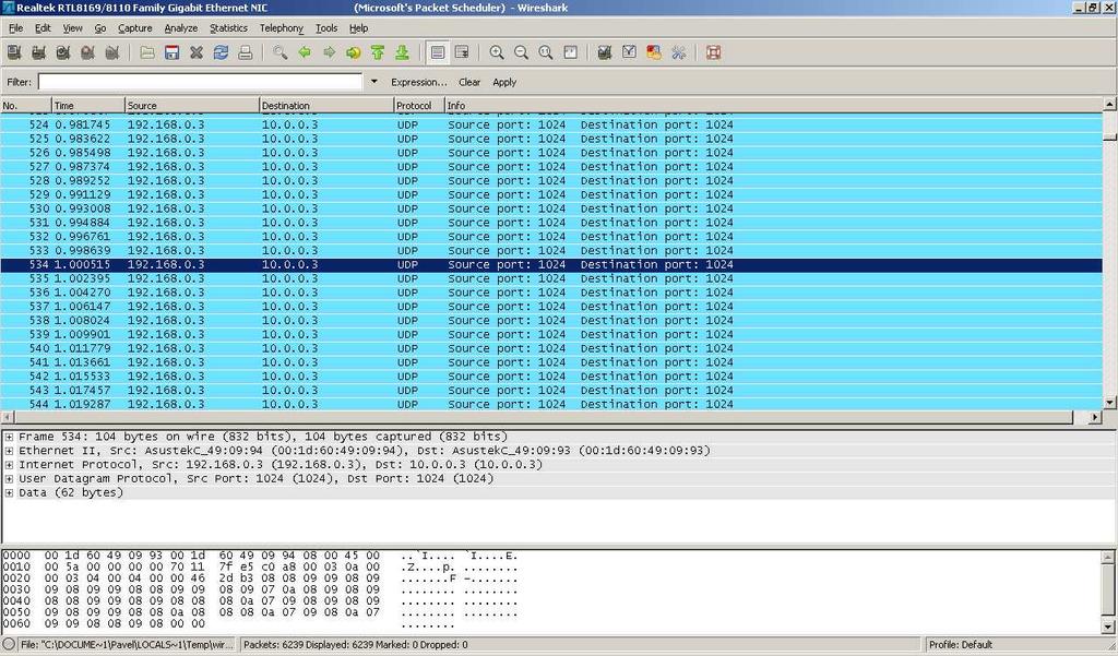 Obr. 24: Program Wireshark Program Wireshark umožňuje zobrazení dat, včetně hlavičky příchozího datagramu. Celkový příchozí rámec obsahuje 104 bytů, tedy 832 bitů. Dále zobrazuje příchozí čas rámce.