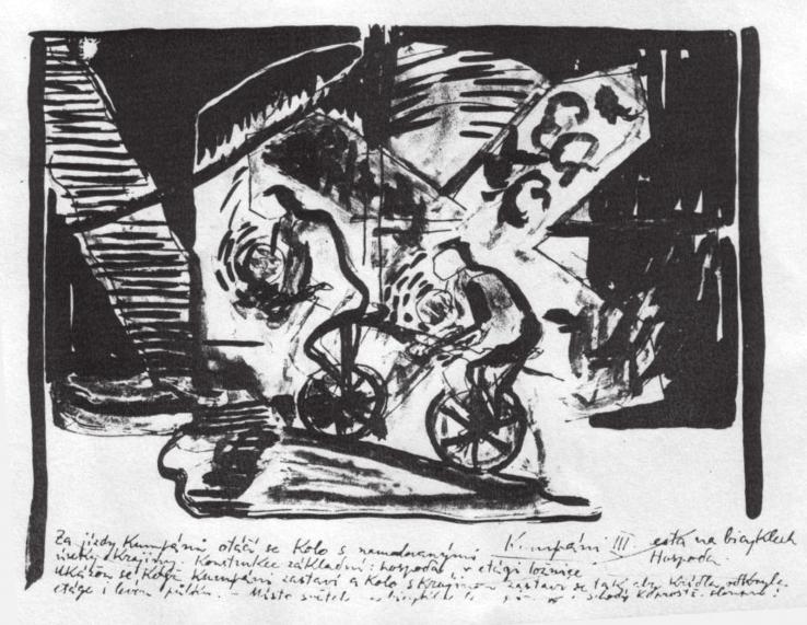 58 Andrea Jochmanová Ku m p á n i (Moderní studio, 1929) Návrh scény pro třetí jednání (noční cesta na