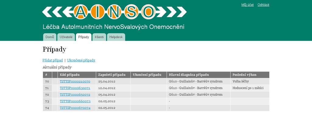 4.3 Založení klienta, nebo nového případu Při otevření stránky Případy je vidět přehled aktuálních případů (těch, jejichž úplné vyplnění ještě neproběhlo) a máte k nim přímý přístup prostřednictvím