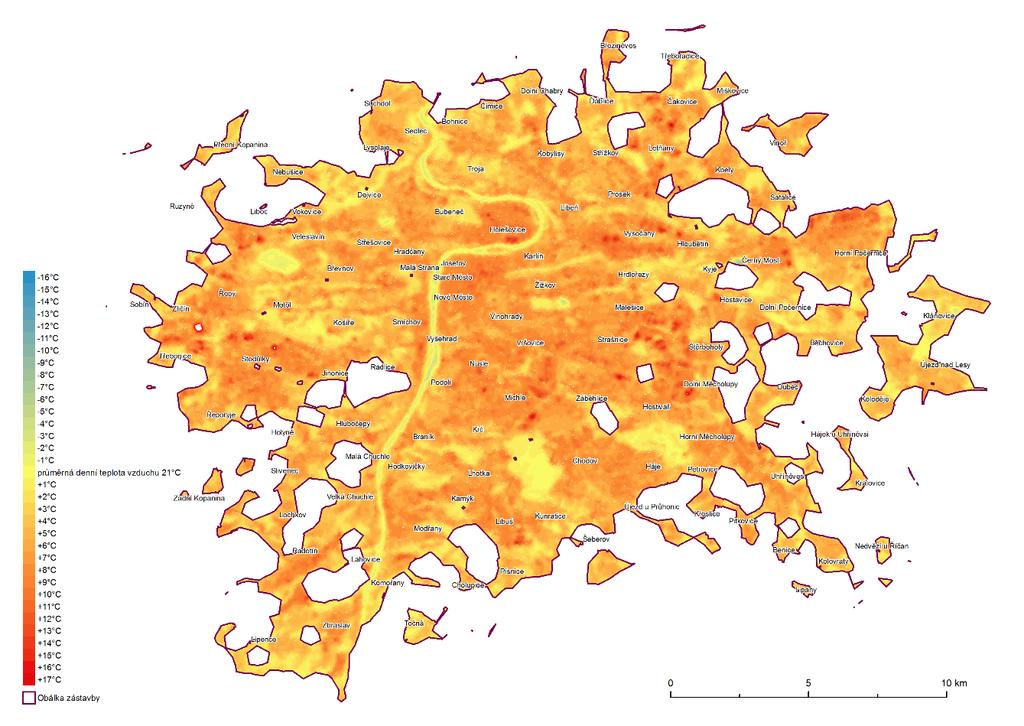 Zdroj: Landsat, CENIA Obrázek 3: Teplota povrchu na území Prahy 11. 6.