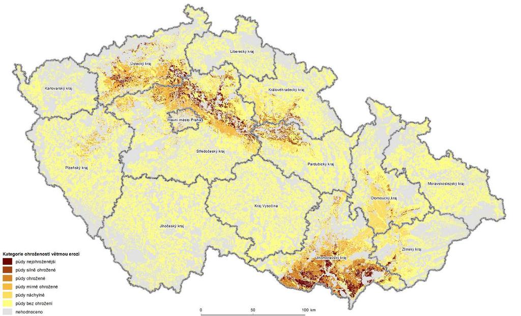 Obr 1: Potenciální ohroženost zemědělské půdy větrnou