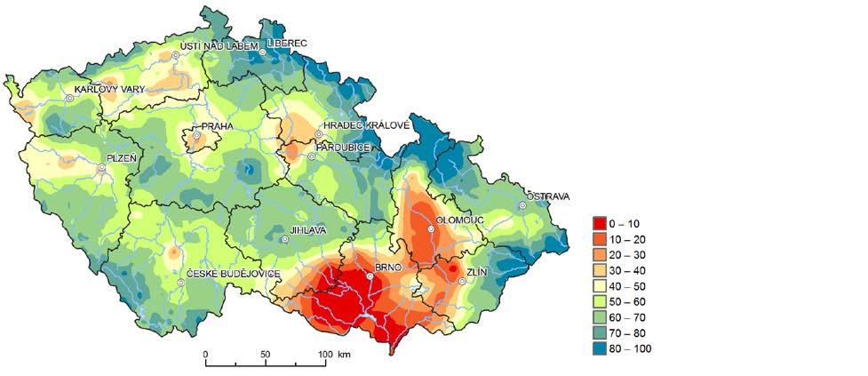 Obrázek 1:Zásoba využitelné vody v profilu středně těžké půdy (půda s využitelnou vodní kapacitou VVK = 170 mm v