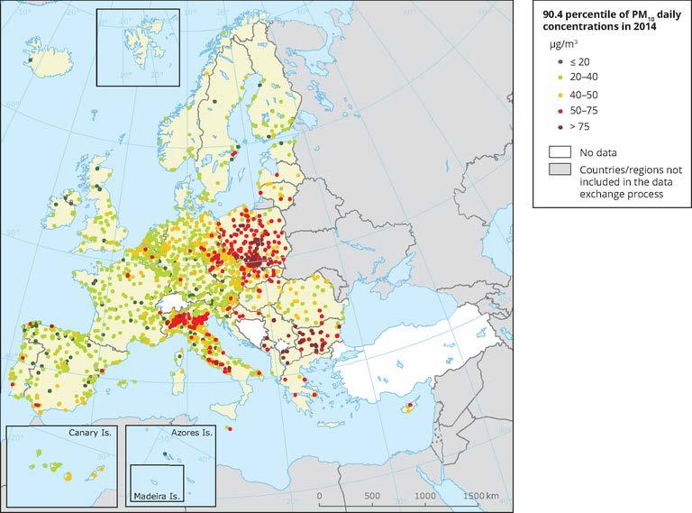 Obrázek 1: Pole 90,4 percentilu denních koncentrací PM