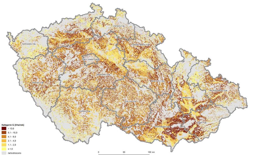 Obrázek 1: Potenciální ohroženost zemědělské půdy vodní