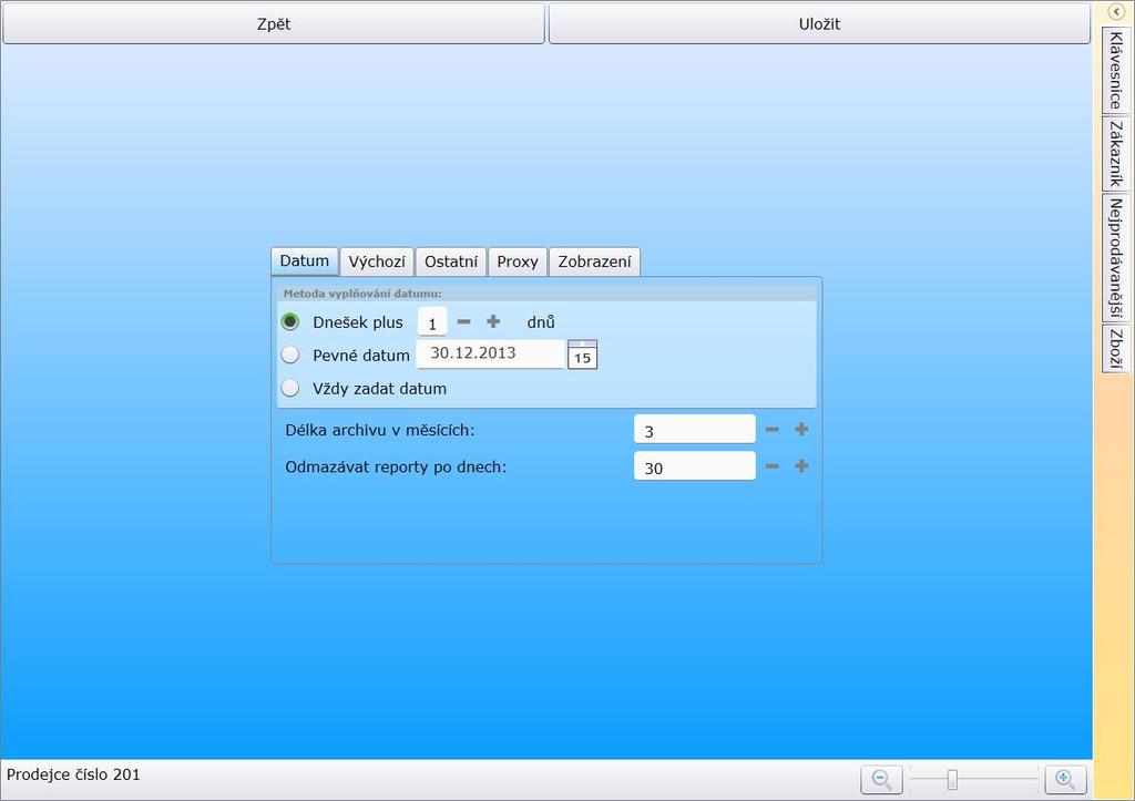 V menu Nástroje Nastavení na záložce Datum naleznete délku archivu v měsících. Data se načítají vždy za aktuální měsíc a nastavený počet měsíců zpět (lze nastavit 1 3 měs.).