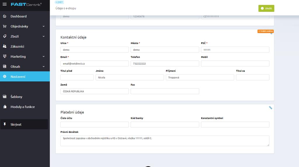 3. Dalším krokem je potřeba vyplnění správných údajů Vašeho e-shopu, které naleznete v sekci Nastavení/Údaje