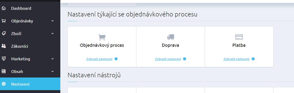 Abyste mohli svým, klientům doručit zásilku dle jejich požadavků, je potřeba v sekci Nastavení/Platby a Nastavení/Dopravy nastavit své dopravce a možnosti platby a v sekci