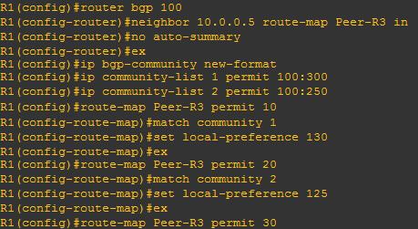 Konfigurace směrovače R1 je obdobná jako u směrovače R3, rozdil je ve formátu bgp-community, kde nejsou zadány přístupové listy, ale community listy s hodnotami ve formátu