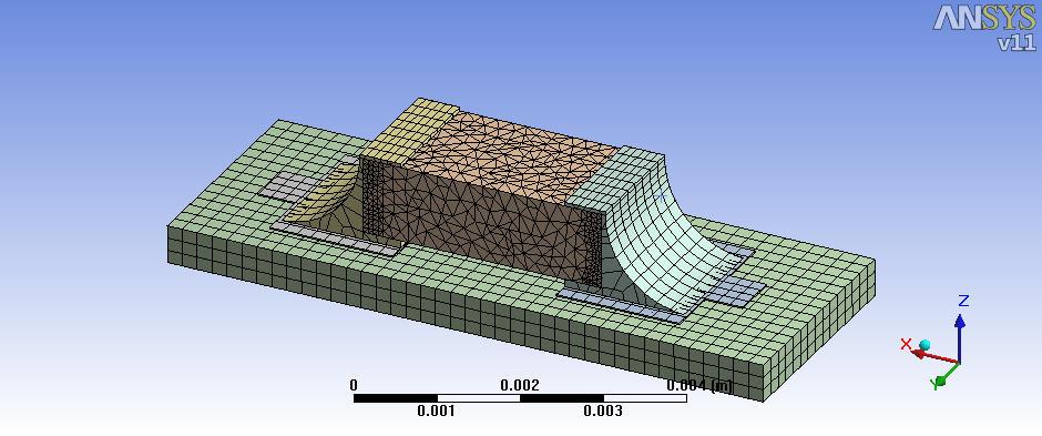 Obr. 5: Ukázka geometrie po rozdělení na elementy Referenční teploty jsou definovány tak, že při 221 C, kdy pájka tuhne po pájení je mechanické namáhání velice nízké (pájka je tekutá a umožňuje