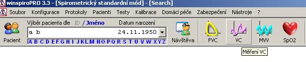 A) Měření vitální kapacity plic VC Na liště s nástroji klikněte na položku VC Vyšetřovaný si nasadí nosní klip a začne dýchat do spirometru.