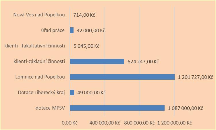 Přímá práce pracovníků Sociální poradenství poskytnuté třetí osobě Přímá práce s klientem ( face to face ) Přímá práce ve prospěch klienta 16 hodin 5 335 hodin 7 278 hodin Celkem příjmy za rok 2017