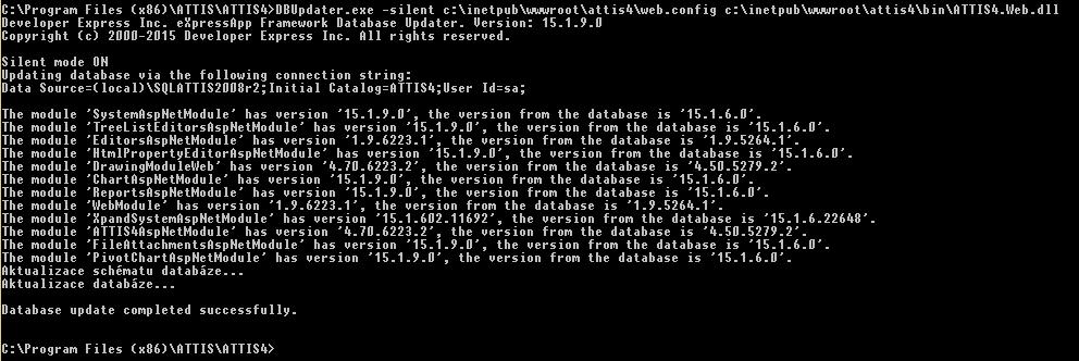 dll : DBUpdater.exe -silent c:\inetpub\wwwroot\%webapp%\web.config c:\inetpub\wwwroot\%webapp%\bin\attis4.web.dll Pozn.