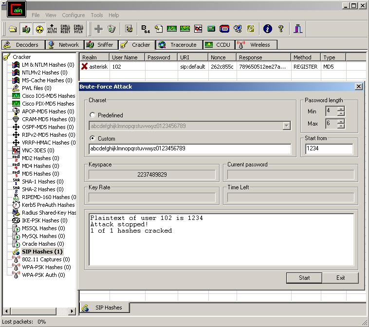 Obrázek 16: Útok na hesla přes Cain&Abel Soubor programů SIPVicious slouží k auditu VoIP systémů postavených na protokolu SIP (dostupné na http://code.google.com/p/sipvicious/).