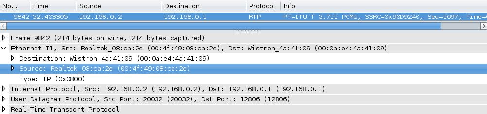 Obrázek 21 ukazuje zachycený RTP paket s podvrženou MAC adresou (Source) při přenosu mezi telefonem (192.168.0.1) a ústřednou (192.168.2).