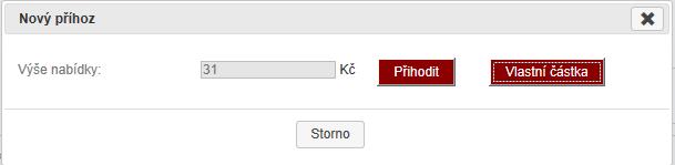 Příhoz Jste-li přihlášeným účastníkem aukce, můžete stisknout tlačítko Přihodit. Následně se zobrazí otázka, zda přihodit minimální příhoz na novou výši nabídky, nebo přihodit vlastní částku.