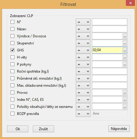 Vybrané Zobrazení vymezuje sloupce, které jsou k dispozici pro filtrování. Například pokud chcete filtrovat látky dle GHS, zvolte nejdříve zobrazení GHS. Výjimku tvoří pole Einec - Cas No.