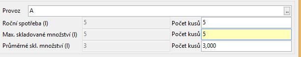 Roční spotřeba dopočítává se automaticky na základě zadaných parametrů v editačních polích Jednotka balení a Počet kusů (spotřeba). Zadané jednotky se mění s Jednotkami balení (přepočet na kg nebo l).