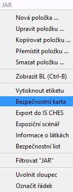 V hlavním menu vyberte volbu POLOŽKY a klikněte na nabídku BEZPEČNOSTNÍ KARTA