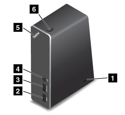 Pohled zepředu 1 Slot pro bezpečnostní zámek: Chcete-li svoji dokovací stanici ochránit proti krádeži, můžete si zakoupit bezpečnostní kabelový zámek, jako je kabelový zámek typu Kensington, který se