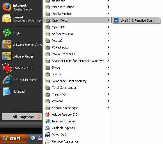 2 Spuštění a základní popis systému Enterprise Scan Program Enterprise Scan je možné spustit přes nabídku Start, volbu Programy, skupinu Open Text, volbu Livelink Enterprise Scan.