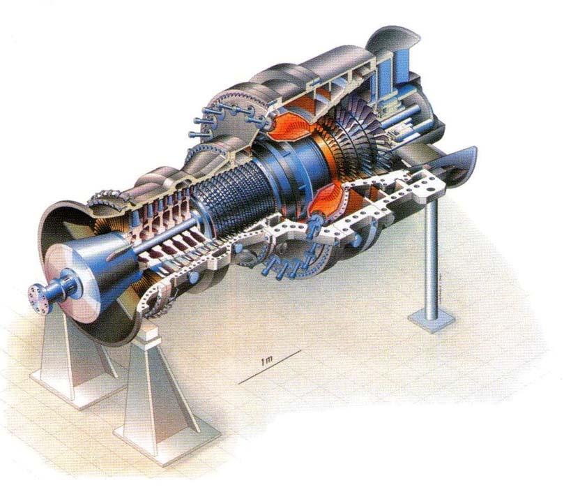 Obr. 8 Plynové turbíny [7] Energetická bilance spalovací turbíny se zlepšuje využitím tepla výstupních spalin k předehřátí stlačeného vzduchu před vstupem do spalovací komory ve výměníku, popř.