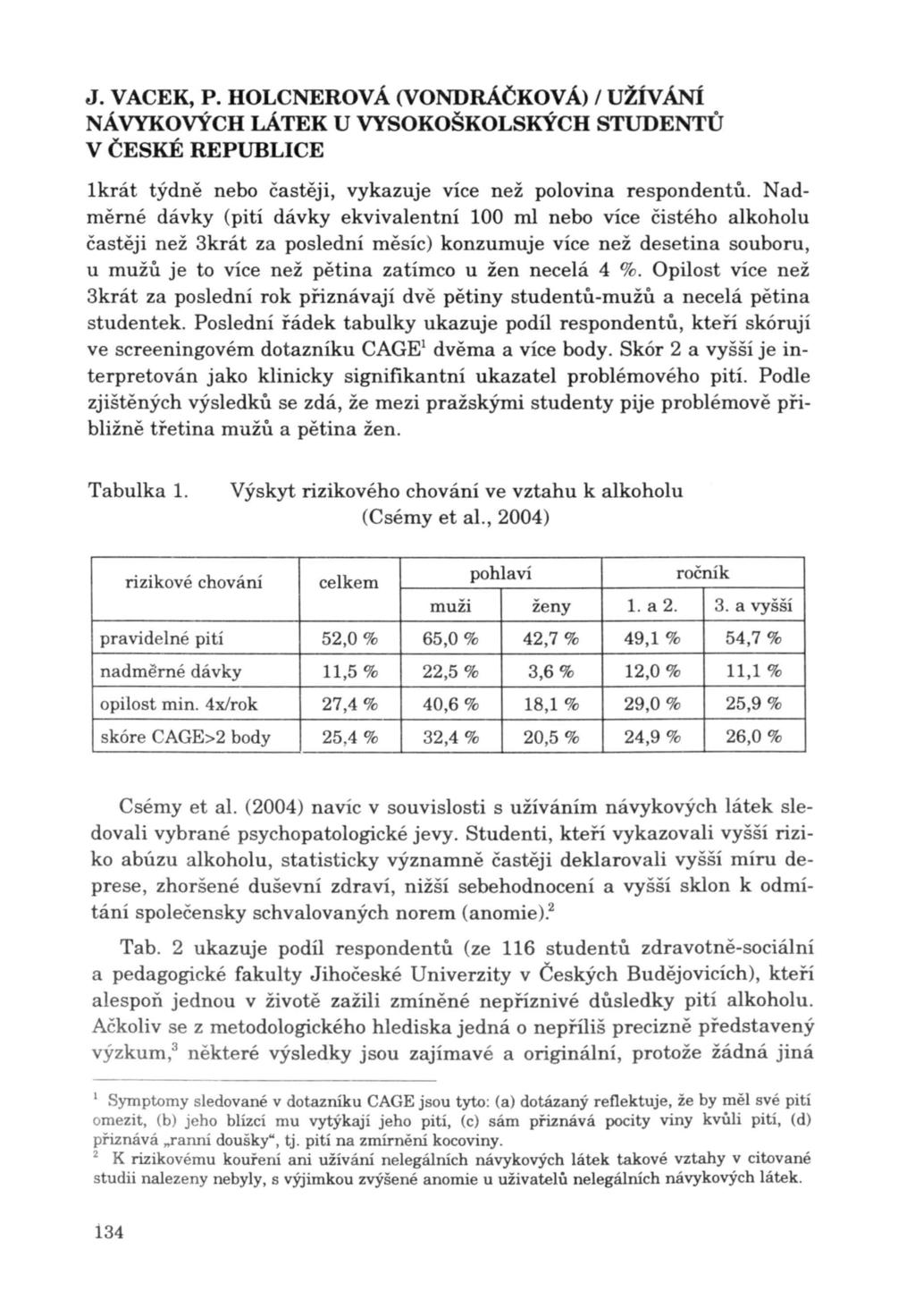 J. VACEK, P. HOLCNEROVÁ (VONDRÁČKOVÁ) I UŽÍVANí 1krát týdně nebo častěji, vykazuje více než polovína respondentů.