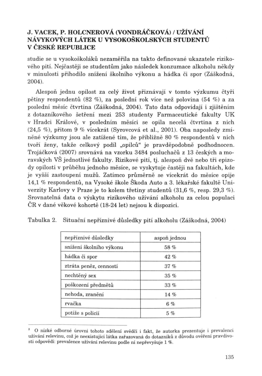 J. VACEK, P. HOLCNEROVÁ (VONDRÁČKOVÁ) I UŽÍVÁNÍ studie se u vysokoškoláků nezaměřila na takto definované ukazatele rizikového pití.