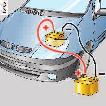 AKUMULÁTOR: odstranìní poruchy (pokraèování) Spouštìní motoru akumulátorem zjinéhovozidla KdyŞ se akumulátor Vašeho vozu vybije, je tøeba pouşít ke startování energii z akumulátoru jiného vozu.