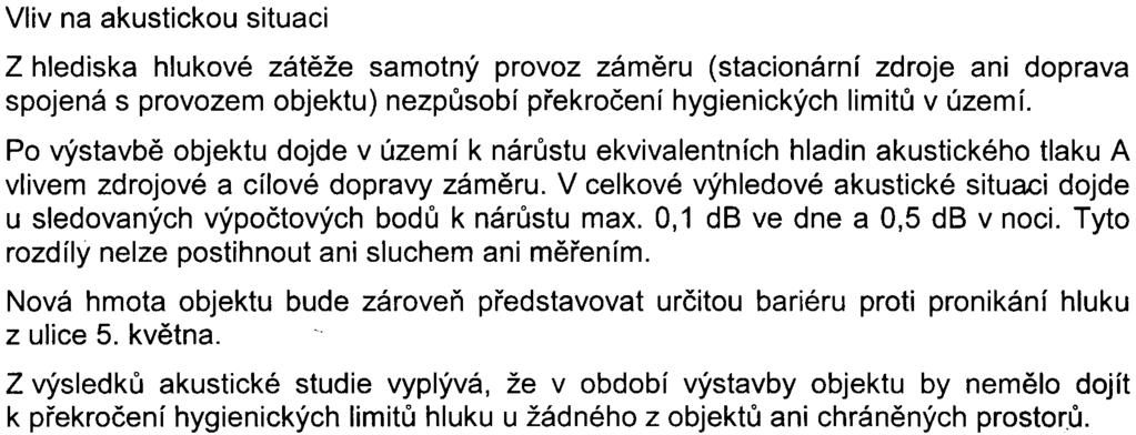 4z 11- S-MHMP-298436/2007/00PNI/EIA/421-8/Nov Vliv na akustickou situaci Z hlediska hlukové zátìže samotný provoz zámìru (stacionární zdroje ani doprava spojená s provozem objektu) nezpùsobí