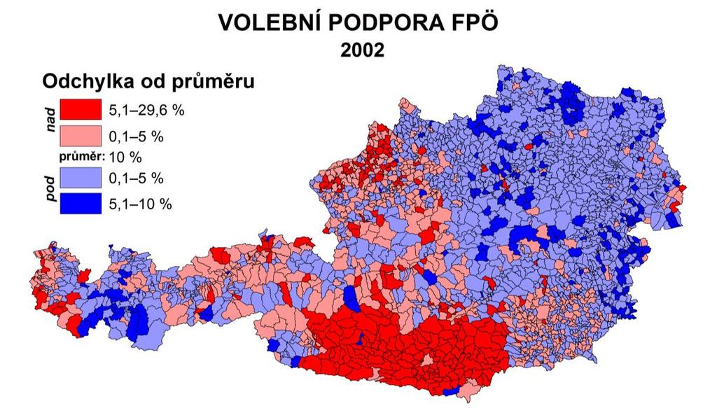 Obr. 9: Mapa volební podpory FPÖ v parlamentních volbách 2002 Zdroj dat: BM.I. (2016), zpracováno v programu ArcMap Pro volby 2002 vykazuje Moranův index hodnotu 0,650.