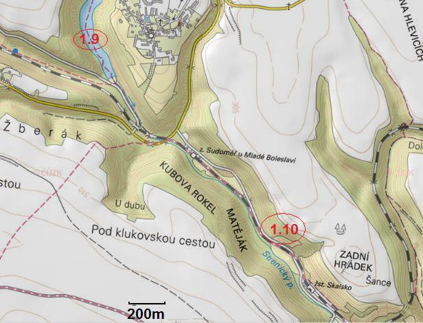 Obr. 1.2. Přibližné umístění lokalit v okolí Sudoměře, Pojizeří. Mapa byla převzata z http://geoportal.gov.cz/web/guest/map GPS souřadnice jednotlivých lokalit jsou uvedeny v tabulkách Tab. 1 a Tab.