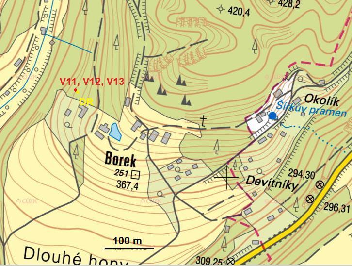 Obr. 1.12. Místa, odkud byly odebrány vzorky a kde bylo prováděno DR poblíž rozsedlinových závrtů pod Drábovnou. Mapa byla převzata z http://geoportal.gov.cz/web/guest/map 1.4.