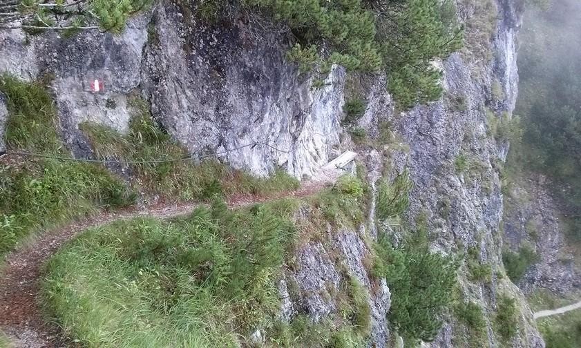 Na další křižovatce odbočuje těžší cesta Jagasteig vlevo, druhá cesta Schattseitweg dál klesá (a na závěr pak musí do sedla opět stoupat). Pokračujme tedy vlevo; cesta traverzuje.