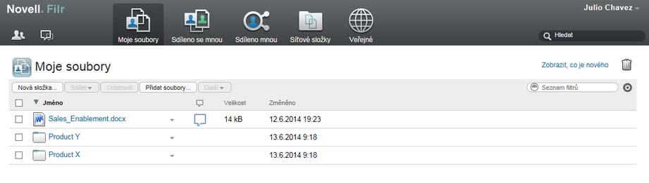 1.1.2 Moje soubory Oblast Moje soubory může obsahovat soubory osobního úložiště (soubory, které nahrajete přímo na server Filr) a soubory z vašeho domovského adresáře.