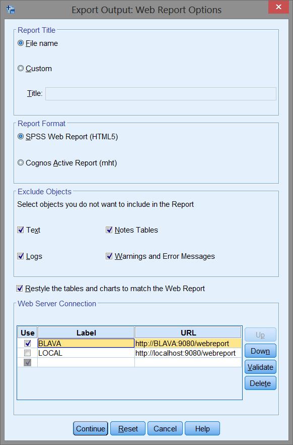 V části Web Server Connection můžeme definovat webové servery, na nichž běží aplikace IBM SPSS Statistics Web Report Application Server.