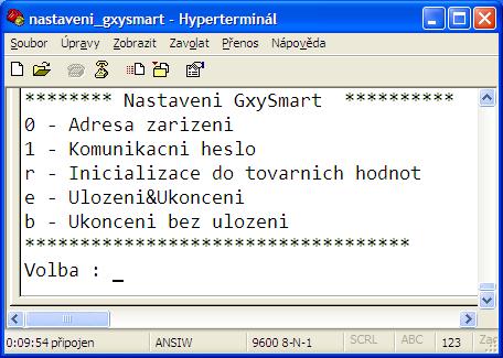 Odpojení napájení od modulu GxySmart. 2. Zapojení propojovacího kabel mezi GxySmart a PC. 3. Spustit Hyperterminál s korektním nastavením (viz. Nastavení GxySmart).