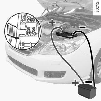 Upevněte kladný kabel A na svorku 9 (+) a potom na svorku 3 (+) akumulátoru dodávajícího proud. Upevněte záporný kabel B na svorku 4 ( ) akumulátoru dodávajícího proud a pak na svorku 6 ( ).