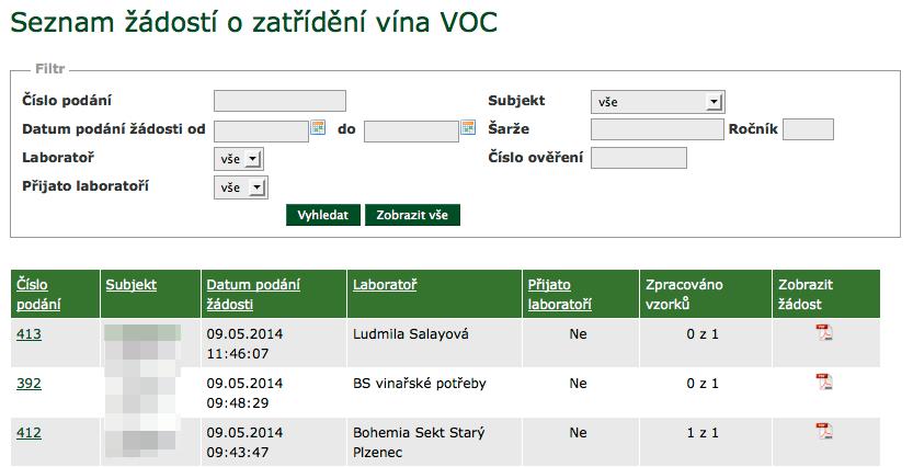 Z přijaté žádosti je možné vytvořit k vzorkům vína rozhodnutí.