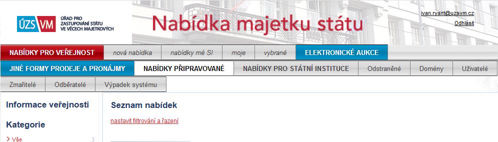 2. Základní navigace v systému NABÍDKY PRO VEŘEJNOST Po načtení systému se zobrazí stránka se seznamem nabídek pro veřejnost, které jsou zveřejněné v dílčích pohledech ELEKTRONICKÉ AUKCE a JINÉ FORMY