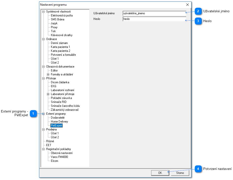 Nastavení přihlašovacích údajů Přihlašovací jméno a heslo nastavíte v hlavní nabídce Program - Nastavení v sekci Externí programy - PetExpert. Přihlašovací údaje Vám poskytne PetExpert.
