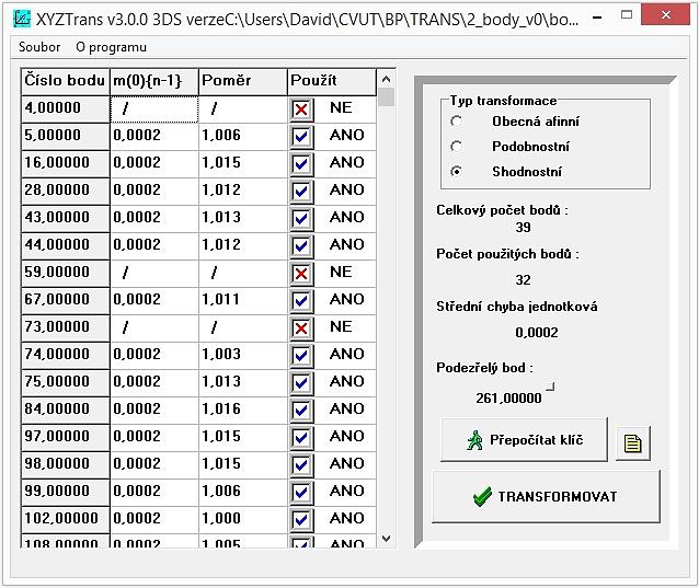 Obr. 22 transformace souřadnic v aplikaci XYZTrans 8.3 TRANSFORMACE DO GEODETICKÉ SOUSTAVY Z výsledků předešlé podkapitoly by již bylo možné určit relativní posuny vyhodnocených bodů.