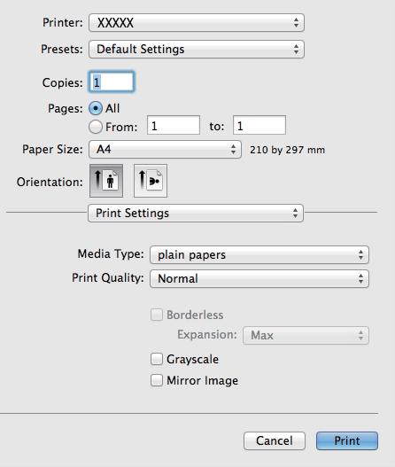 Tisk 5. V místní nabídce vyberte možnost Nastavení tisku. Nezobrazí-li se v systému Mac OS X v10.8.x nebo vyšší verzi nabídka Nastavení tisku, ovladač tiskárny Epson nebyl správně nainstalován.
