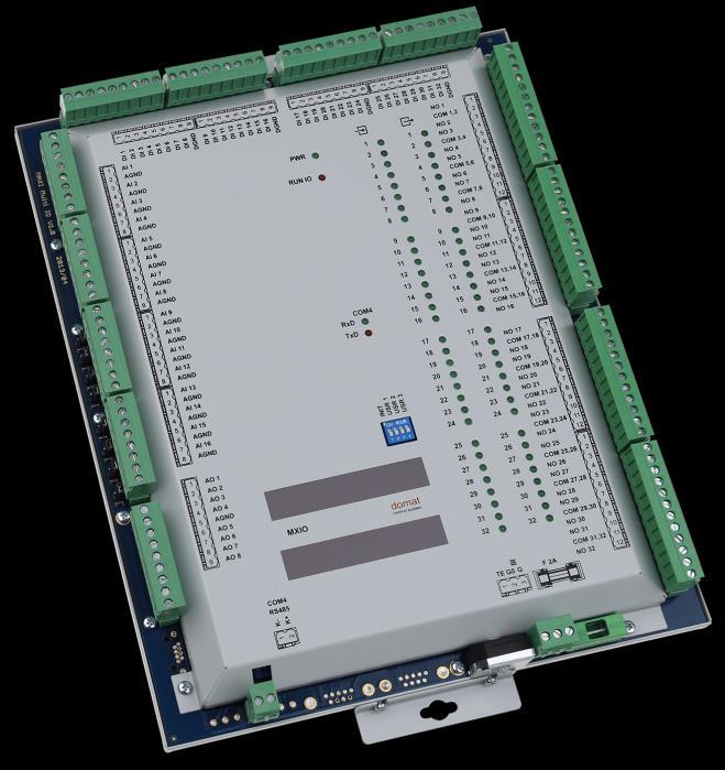 Použití Kompaktní I/O modul pro sběr dat a řízení procesů Funkce Modul MXIO je modul, který obsahuje vstupy i výstupy (16 AI, 8 AO, 32 DI, 32 DO). Komunikace probíhá po sběrnici RS485.