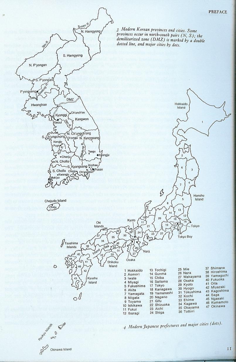 Mapa III nahoře: moderní provincie a města Koreje.