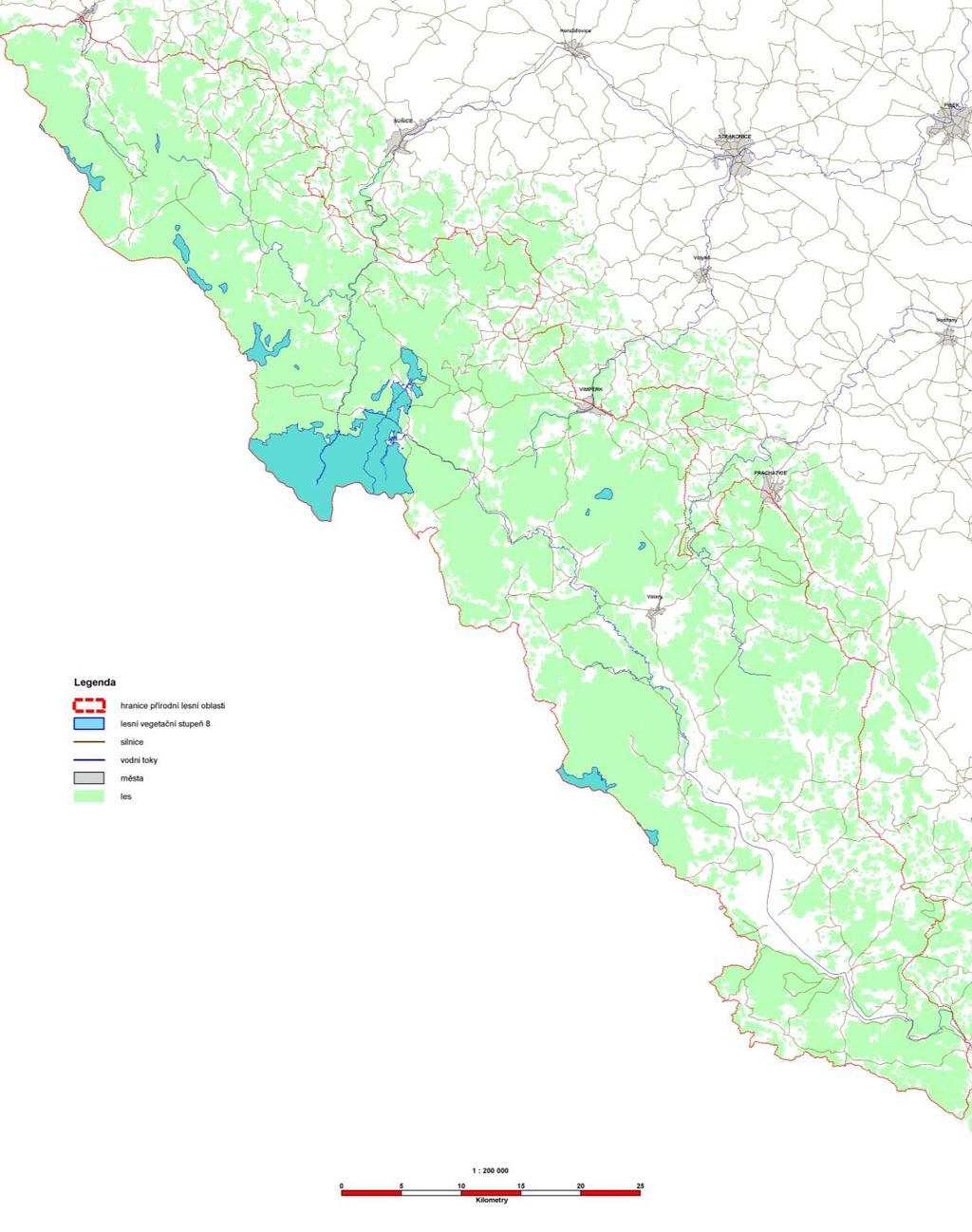 Mapa č.1 - Rozšíření 8. lesního vegetačního stupně v PLO 13 (orig.) Map No.
