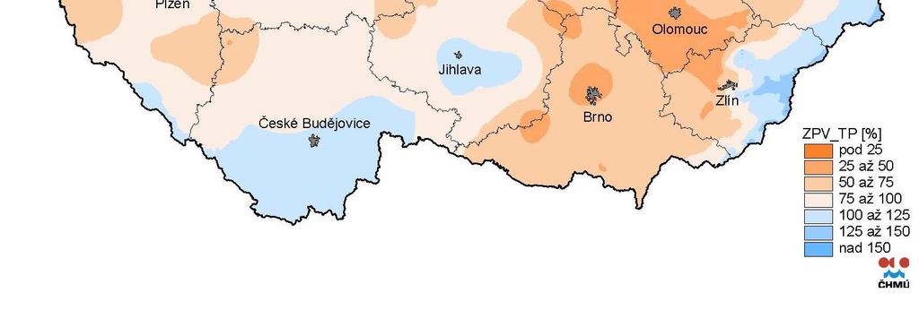 ZÁSOBA VYUŽITELNÉ VODY V PŮDĚ POD TRAVNÍM POROSTEM (%VVK) NA ÚZEMÍ ČR,