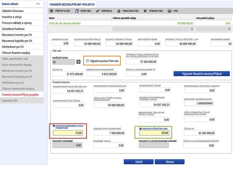 Pokud se po kontrole CBA vygeneruje chyba ISUM - 400524: Procento Národních zdrojů v modulu CBA nekoresponduje s procentem národních zdrojů na projektu je třeba do žlutého pole Procento národního
