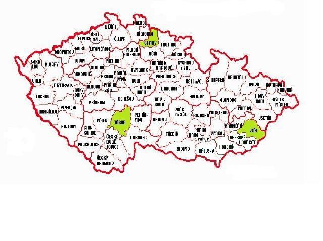 Mapa č. 1: Škodlivý výskyt květilky v ČR v roce 2007 (SRS, 2008). Střední výskyt květilky všežravé (Delia florilega) byl zaznamenán v období 12. 18.5.2008 v okrese Vyškov (Bučovsko 13.5.). Silný výskyt květilky cibulové (Delia antiqua) byl sledován v období 26.